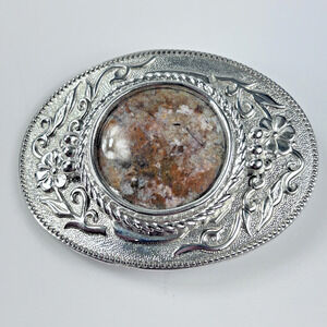 Western Floral Belt Buckle Silver Tone Oval Stone Inlay Cowboy Rodeo 3"